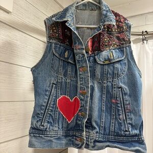 90's Retro Hand Embroidered Denim Jean Jacket Vest LEE Alternative Rock Punk XS